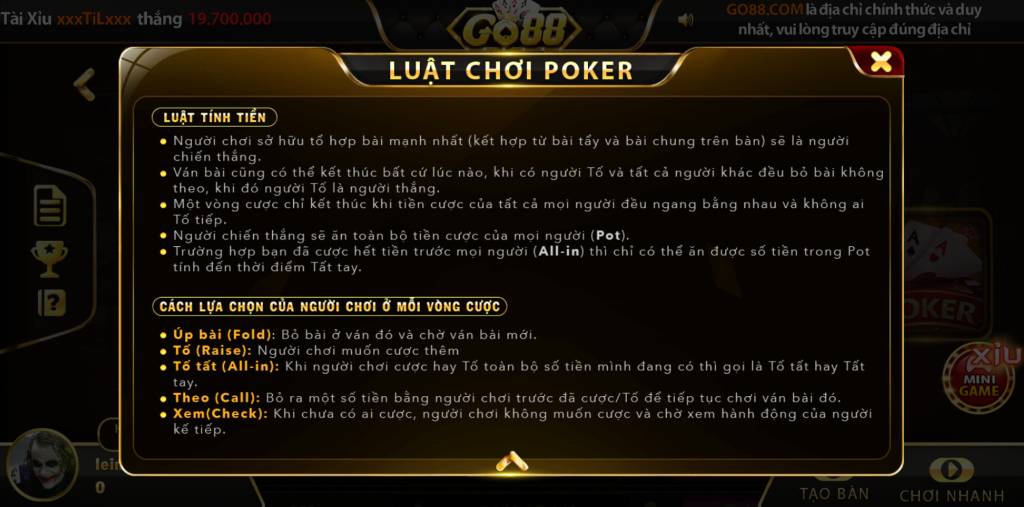 Các lựa chọn của người chơi trong game bài Poker GO88