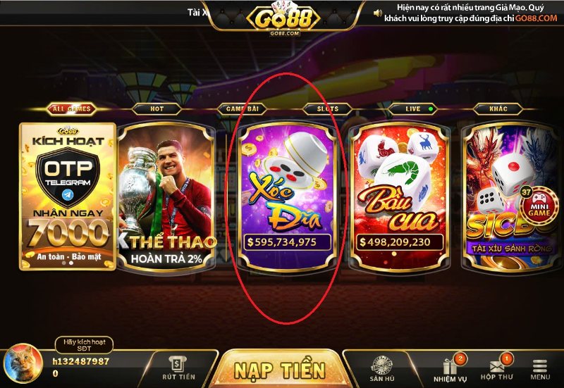 Giao diện game xóc đĩa tại Go88