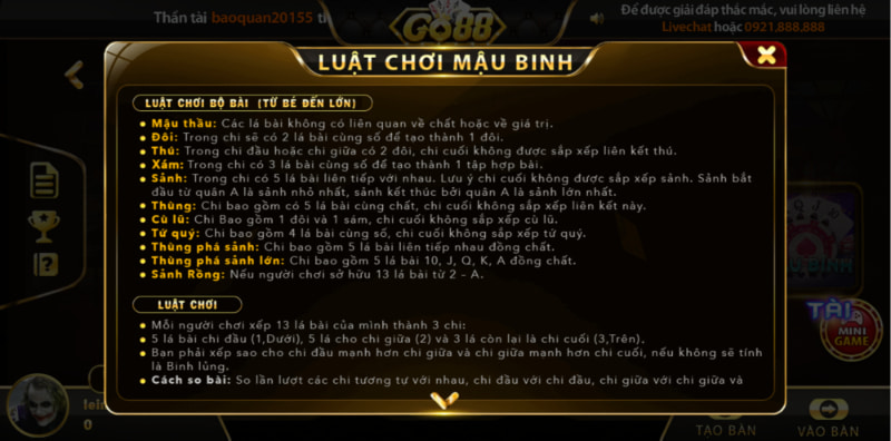 Quy định về giá trị bài trong game Mậu Binh