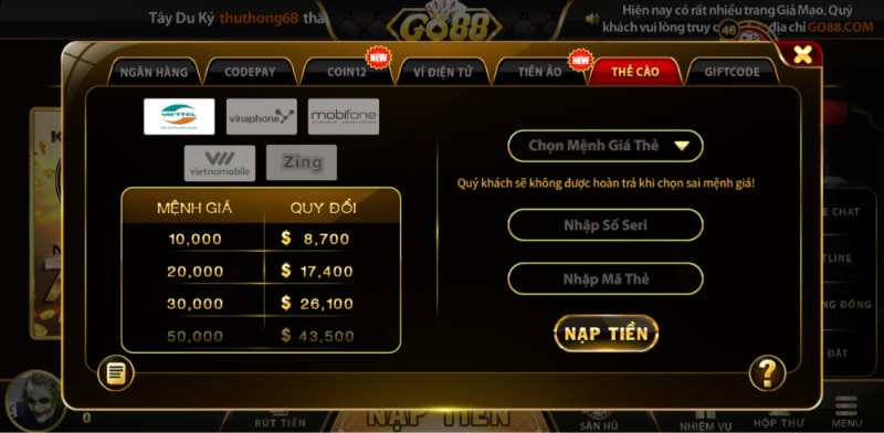 Những điều thành viên cần lưu ý khi nạp tiền GO88