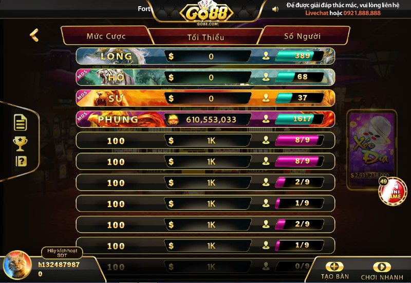 Sảnh chọn bàn tham gia đặt cược