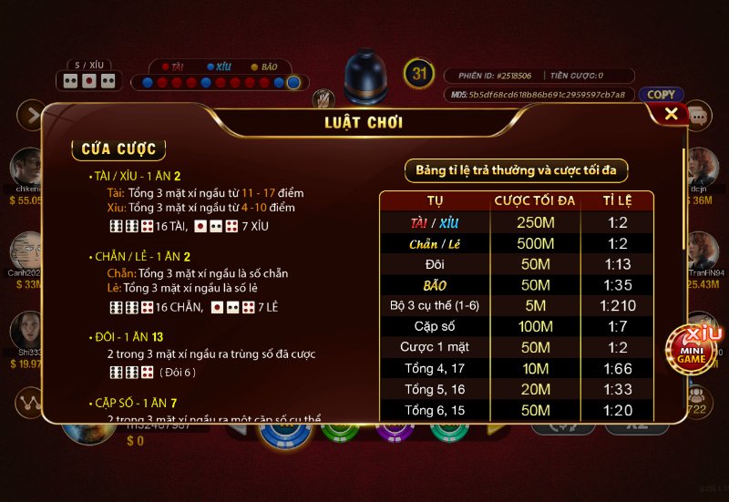 Tỷ lệ trả thưởng tuyệt vời của game Sicbo